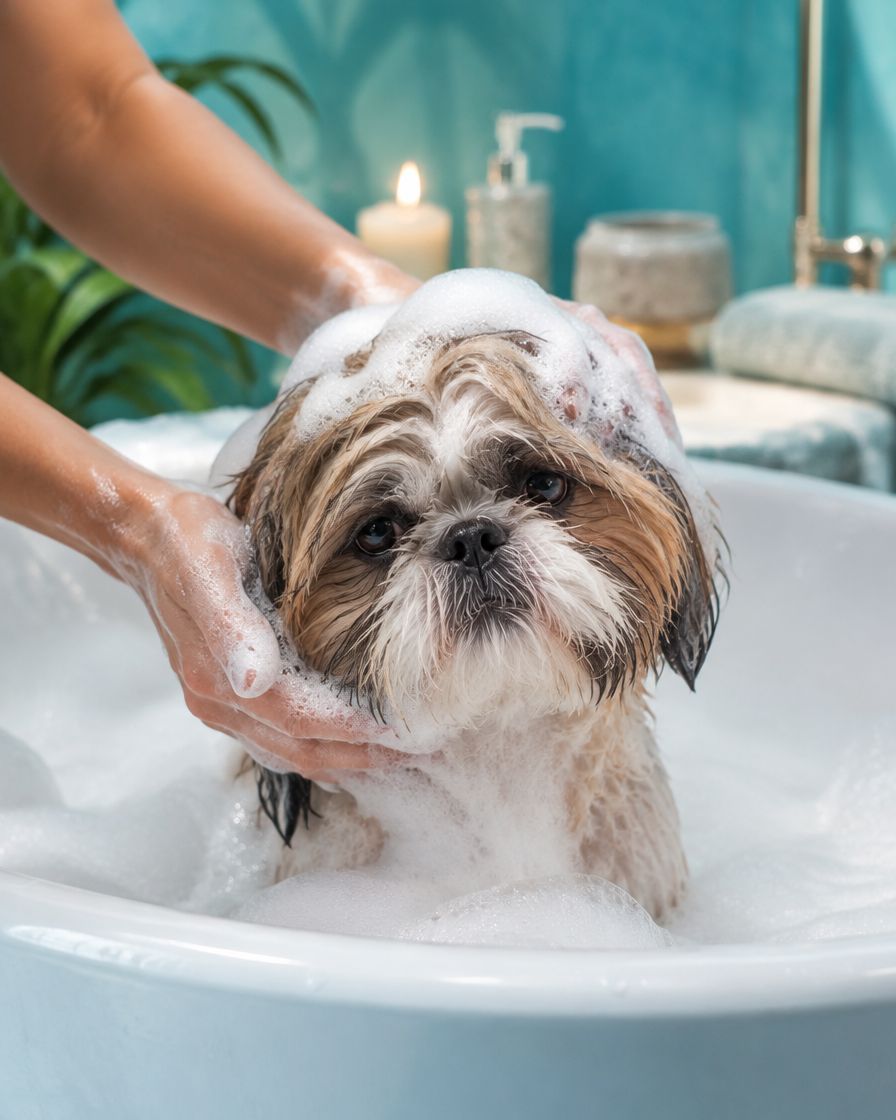 Cão recebendo banho com espuma